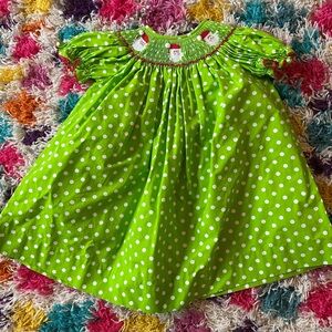 18M green and white Polka Dot dress with Smocked Santa